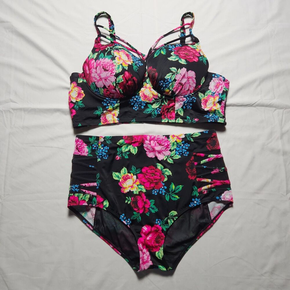 Torrid Plus Size Swim Top 3 D/DD High Waist Bottoms Size 2 Set Swimsuit Floral